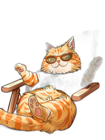 A cartoon cat wearing sunglasses is lying on the chair, with its head tilted and hands hanging down by its side, smiling happily. It has an orange body color and black background. The style features flat illustrations in anime aesthetics. This is a cute and lively depiction of characters from old comics, with high-definition resolution and a full-body portrait, in the style of .