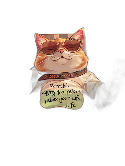 A cute cat wearing sunglasses, smiling and holding up an empty t-shirt with the words "relax your life" written on it, on a black background, in the style of 2d game art, cartoon realism, white and beige colors, t-shirt design for printing, vector, colorful illustration, digital artwork.