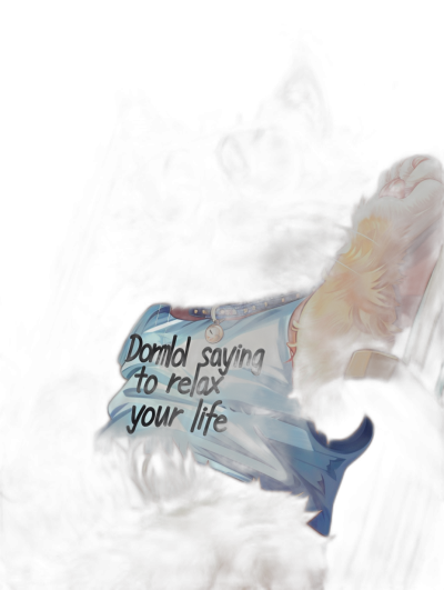 A dark background with the text "don't say I'm relax your life" written in bold letters on top of an illustration of Jöushir from League Of Legends sleeping, with his feet outstretched and wearing white gloves with blue fur on them. He is sitting inside a car seat with one leg crossed over another. The scene captures him lying down relaxing and smiling peacefully at night in the style of a specific artist.