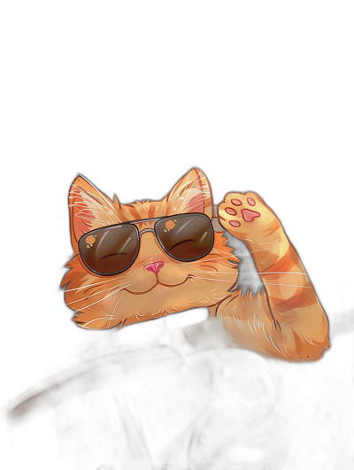 digital art of cute and fat orange cat , wearing sunglasses, hand up with black background, chill expression , chilling happy mood