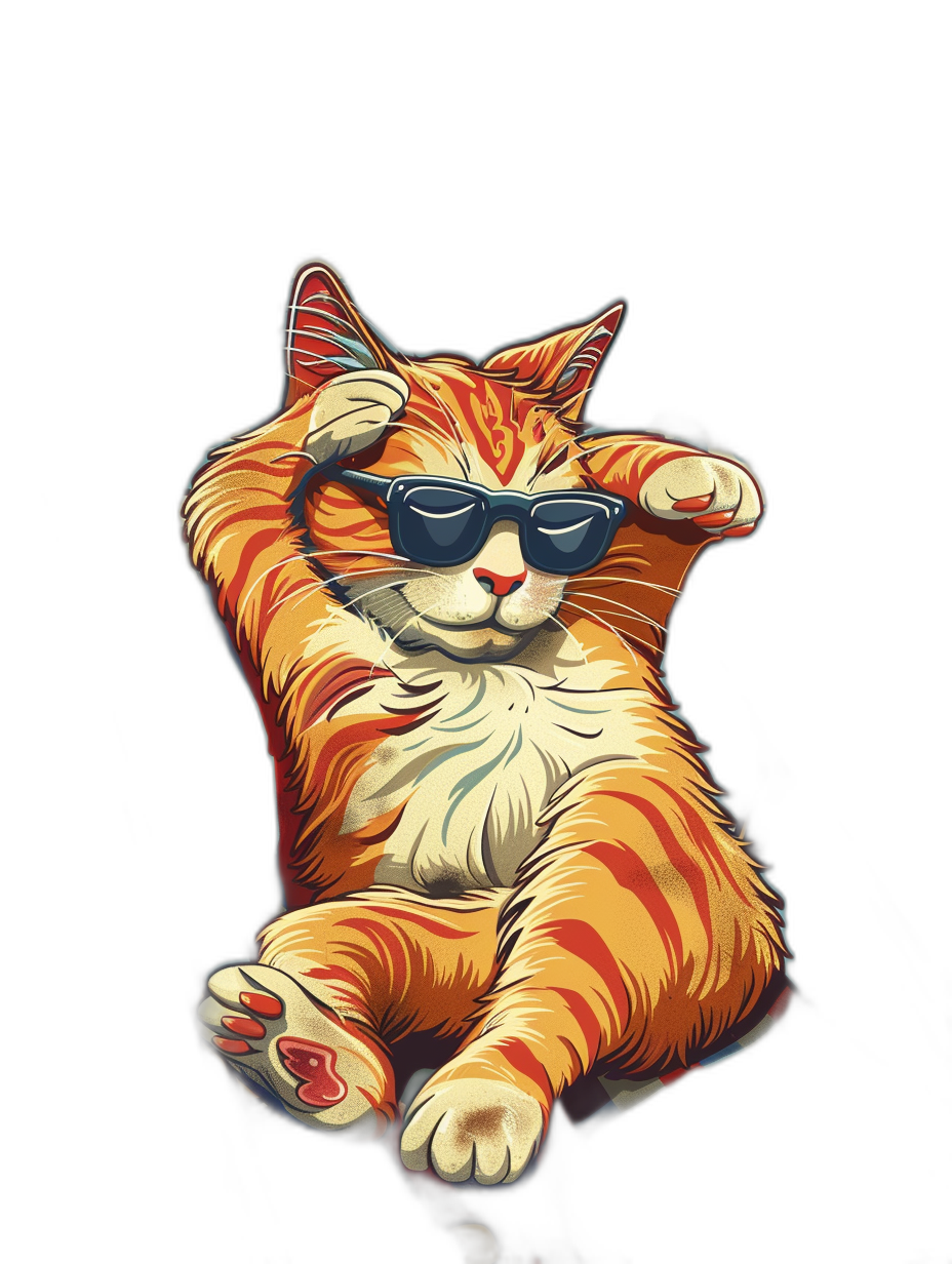 vector design of an orange cat wearing sunglasses, stretching and doing the peace sign with its paw on a black background, t-shirt print for men or women sticker vector illustration in the style of a cartoon with a flat style at a high resolution with a studio photo all in focus on a dark background