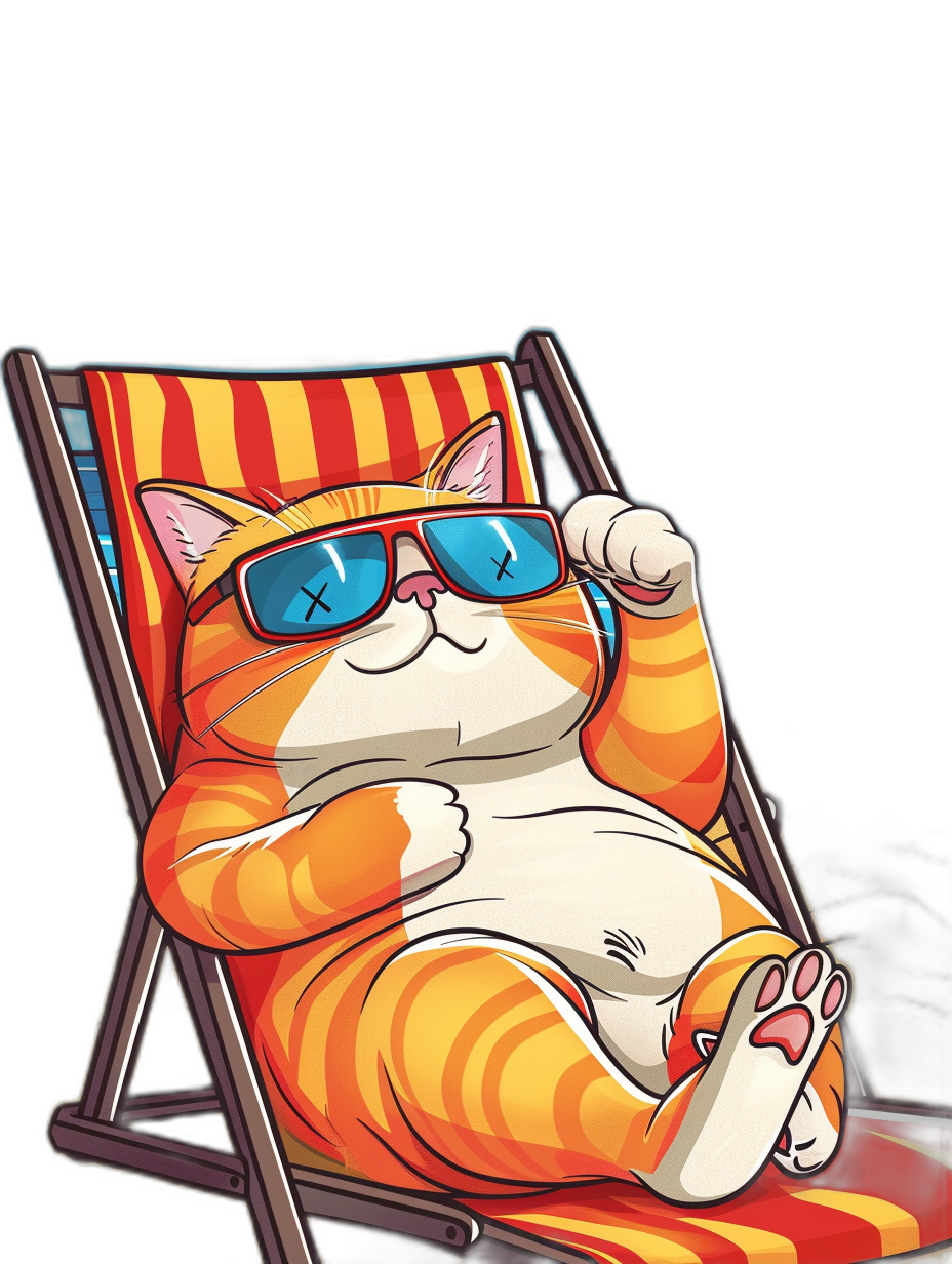 A cute orange fat cat is lying on a deck chair wearing sunglasses, with a simple black background and colorful cartoon style. The illustration features bold lines and bright colors, with a flat design that showcases vibrant cartoon illustrations in comics. It was created using traditional animation techniques in the style of .