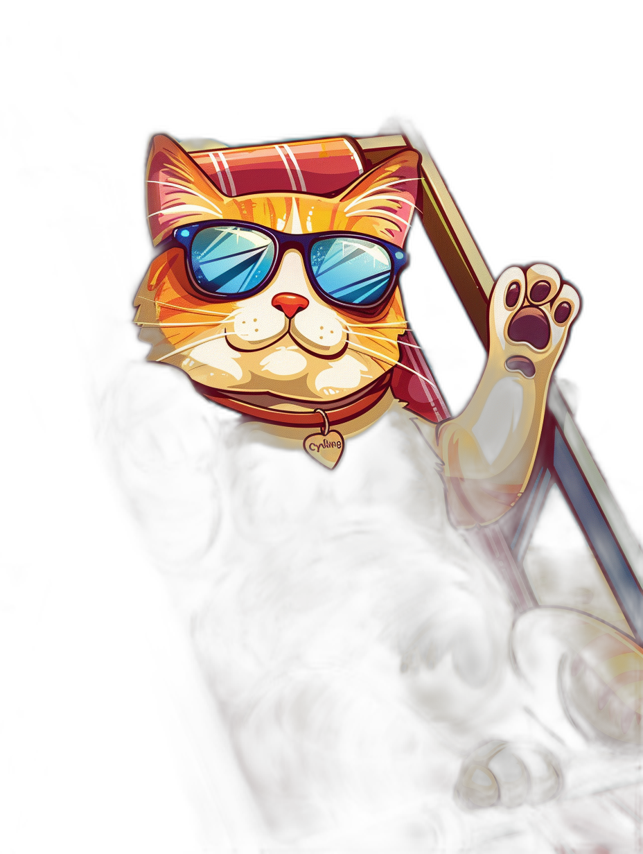 digital art of a cool cat wearing sunglasses sitting on a chair in a t-shirt design style, a cartoon drawing with a black background, a chill and happy expression, wearing a red scarf around its neck, one paw up in an air salute gesture, inside a car window isolated from a solid dark color behind, simple and clean, showing its full body.