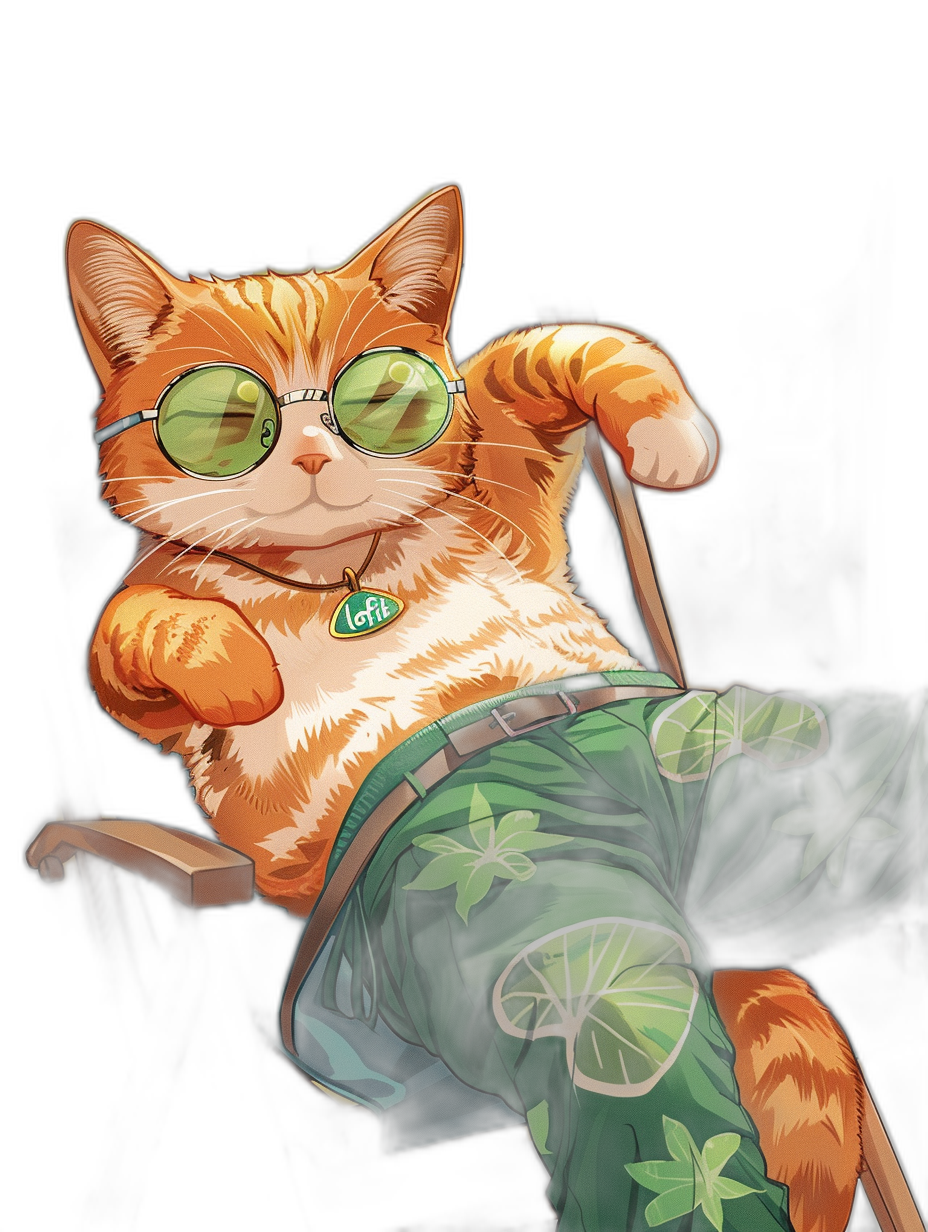 A cartoon illustration of an orange cat with green sunglasses lounging on the back chair, wearing emerald colored short pants and a white t-shirt, black background, cute character design, character concept art in the style of [Kawacy](https://goo.gl/search?artist%20Kawacy), digital painting, high detail.