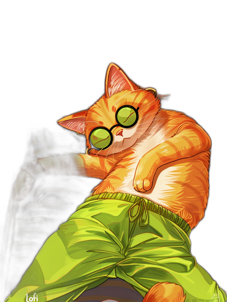 digital art of a cute and fat orange cat, wearing green sunglasses, wearing long pants with “Lofi” on them, black background, chill vibes, in the style of lofi