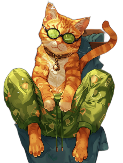 A cute orange cat sitting on the legs of an anime-style character, wearing green camouflage pants and sunglasses against a black background, in the style of digital art.