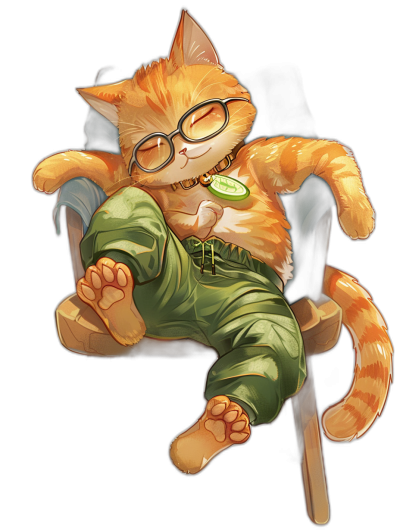 A cute cartoon orange cat, wearing glasses and green pajama pants sitting in an office chair, feet up on the table, black background, vector art in the style of [Artgerm](https://goo.gl/search?artist%20Artgerm), in the style of [Ilya Kuvshinov](https://goo.gl/search?artist%20Ilya%20Kuvshinov), in the style of [Yoji Shinkawa](https://goo.gl/search?artist%20Yoji%20Shinkawa), in the style of [Atey Ghailan](https://goo.gl/search?artist%20Atey%20Ghailan), in the style of [Loish](https://goo.gl/search?artist%20Loish), in the style of [Studio Ghibli](https://goo.gl/search?artist%20Studio%20Ghibli), in the style of [Greg Rutkowski](https://goo.gl/search?artist%20Greg%20Rutkowski)