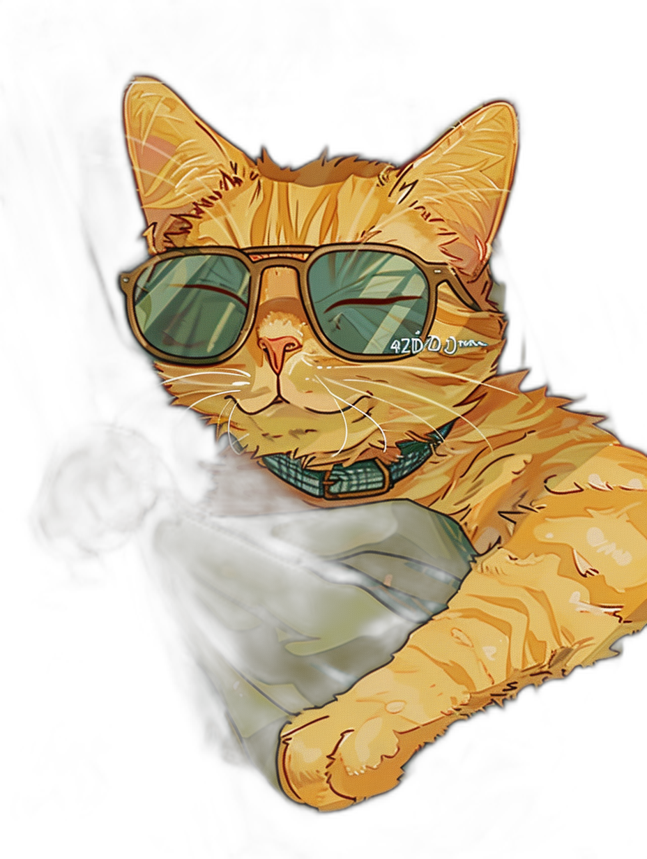 A cute ginger cat wearing sunglasses and a green shirt in a simple drawing style vector illustration on a black background in the style of anime cartoon art. The cute and detailed artwork has high contrast and glowing colors with smooth lines and cel-shading resembling 2D game art or a t-shirt design against a solid color background.