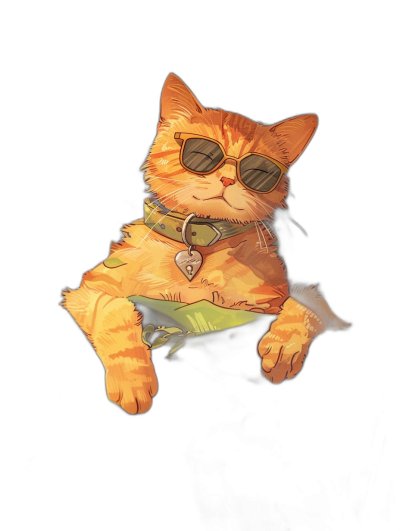 digital art of cool and fat orange cat , wearing sunglasses, green shirt with collar in the style of gta game , black background , chilling happy and funny