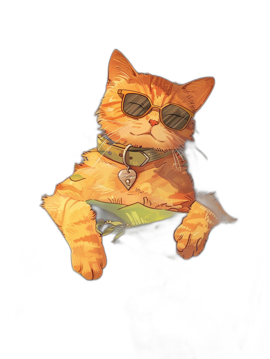 digital art of cool and fat orange cat , wearing sunglasses, green shirt with collar in the style of gta game , black background , chilling happy and funny