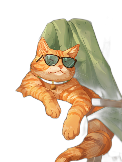 digital art of a cool and fat orange cat, wearing sunglasses, sitting on a chair with green leaves covering its body. black background with a pastel color theme.