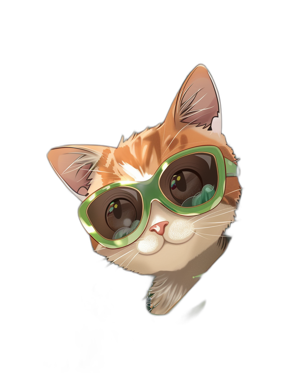 digital art of a cute kitten wearing sunglasses on a black background with a pastel green and brown color theme. The artwork is in the style of pastel.