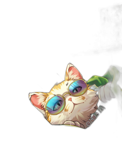 A white and orange cat wearing glasses, wearing a green t-shirt, hiding behind a wall in a dark room, in a cute cartoon style, with a colorful design, logo for "O kei43", for a mobile wallpaper, in the style of league of legends game art, on a black background.