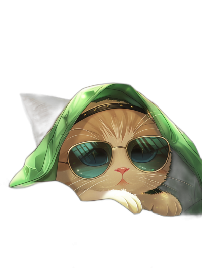 A cute cat wearing sunglasses and a green hooded jacket, with a smiling face against a black background, in the style of anime, with a cute cartoon character design, in high definition.