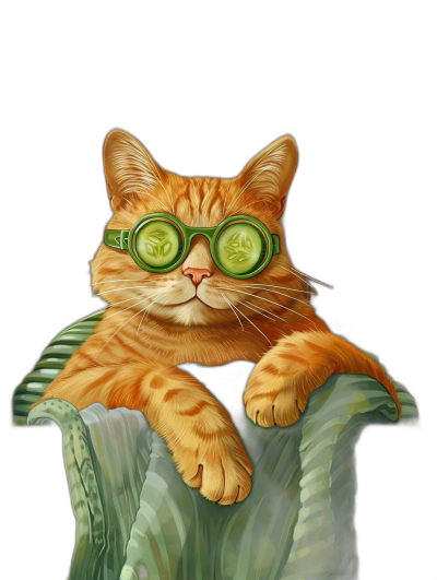 A portrait of an orange cat wearing cucumber sunglasses lounging on top of a couch, isolated on a black background, in the style of a detailed painting.