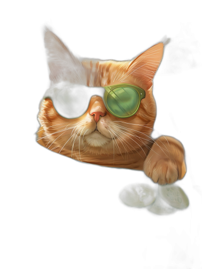 digital art of cool cat wearing sunglasses , cute and funny, on black background, with reflection of green cucumber in his eyes