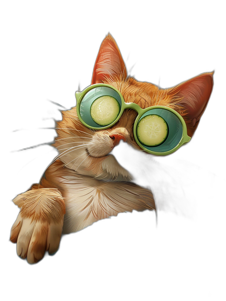 A red cat with green glasses and cucumber on its eyes, peeking out from behind the black background, cartoon style, high resolution, hyper quality, hyper realistic, illustration, digital art, animal portrait photography, studio lighting, ultra detailed, cute, funny