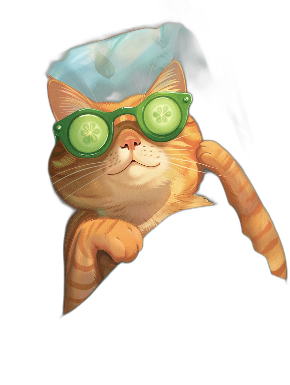 A cartoon cat wearing green sunglasses and with cucumber on its eyes, peeking out from behind the edge of black background. The cute orange tabby has an adorable expression, with one paw raised to touch glasses. It is depicted in digital art style with flat colors, giving it a friendly appearance. This design would be suitable for t-shirt printing or as clipart, showcasing playful feline character against a dark backdrop. Vector illustration by hand drawn vector