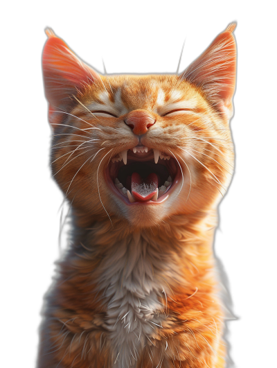 A cute ginger cat laughing with his mouth open, realistic and hyper detailed, on a black background, rendered in octane. The style is similar to octane render.