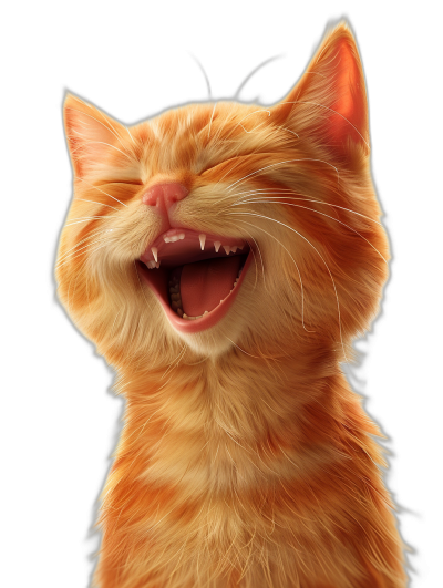 A cute smiling ginger cat with its mouth open, in the style of Pixar, on a black background, high resolution, high details, digital art, digital painting, digital illustration, 3d render, octane render, cinematic light, hyper realistic.