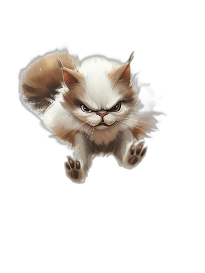 A cute Persian cat with an angry expression jumping up in a vector illustration style with a black background. The color scheme is white and brown. It has a fantasy art feel and looks like it was drawn in the style of Kung Fu Panda Movie animation.