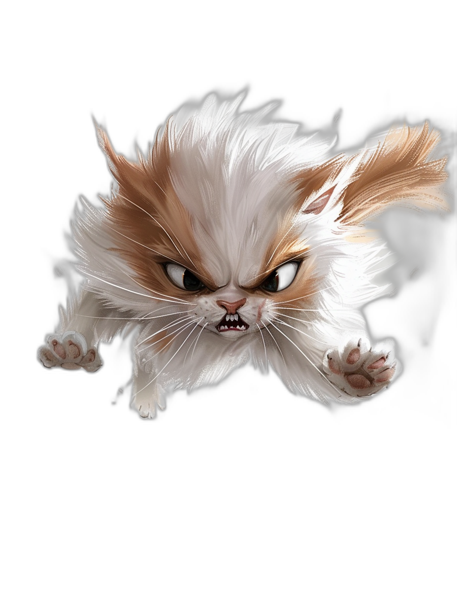 Cute cat monster, white and brown hair, angry expression, flying in the air, black background, game illustration style, front view, close-up, high definition details