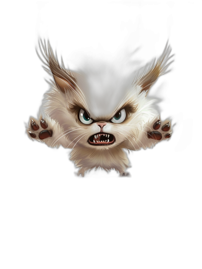 grumpy cat with sharp claws jumping towards the viewer, in the style of vector art, isolated on a black background, high resolution photo, high quality