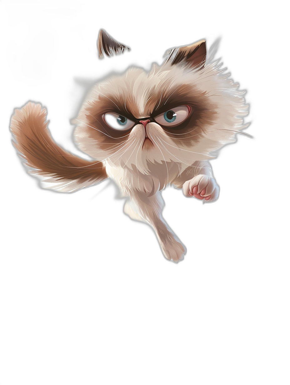 funny cartoon illustration of grumpy cat jumping, black background, by pixar style, high resolution vector