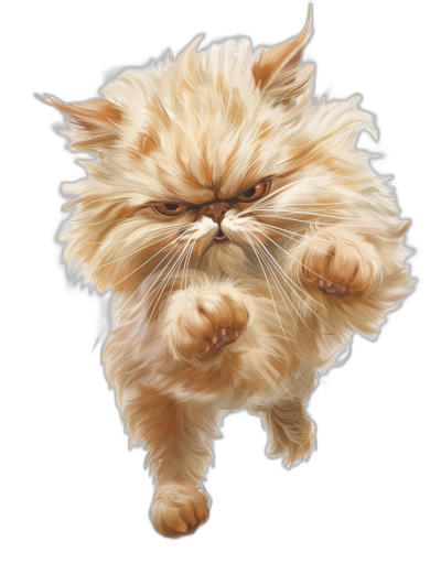 A flying Persian cat with an angry face, in the caricature style cartoon art illustration, on a clean black background, with white and beige colors, a hyper realistic oil painting of an animal's full body, a detailed character design in the style of Pixar animation, a 3D render, high resolution photography