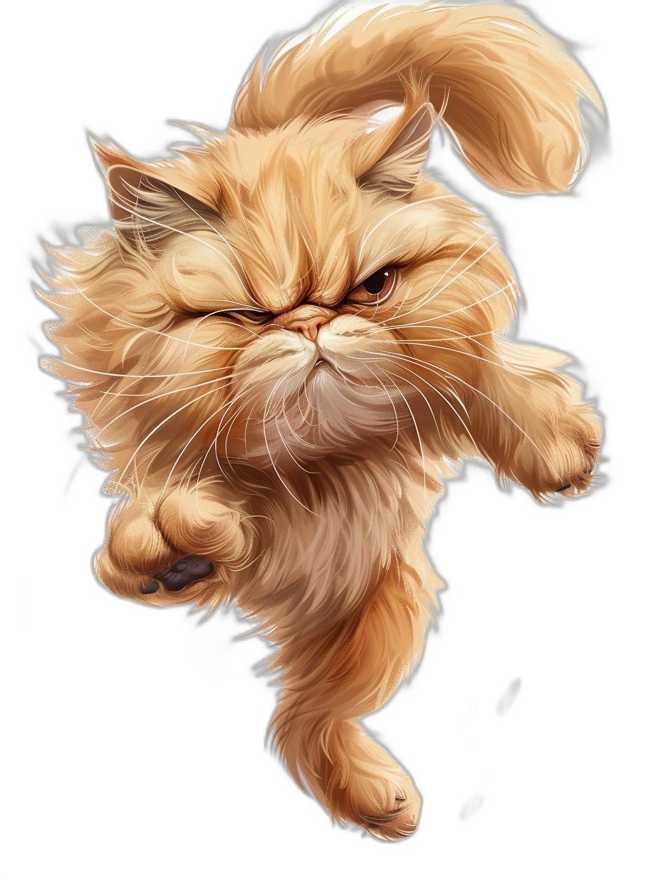 A persian cat, jumping in the air with an angry expression on his face, in the style of a cartoon, digital art, black background, in the style of fantasy art, high detail