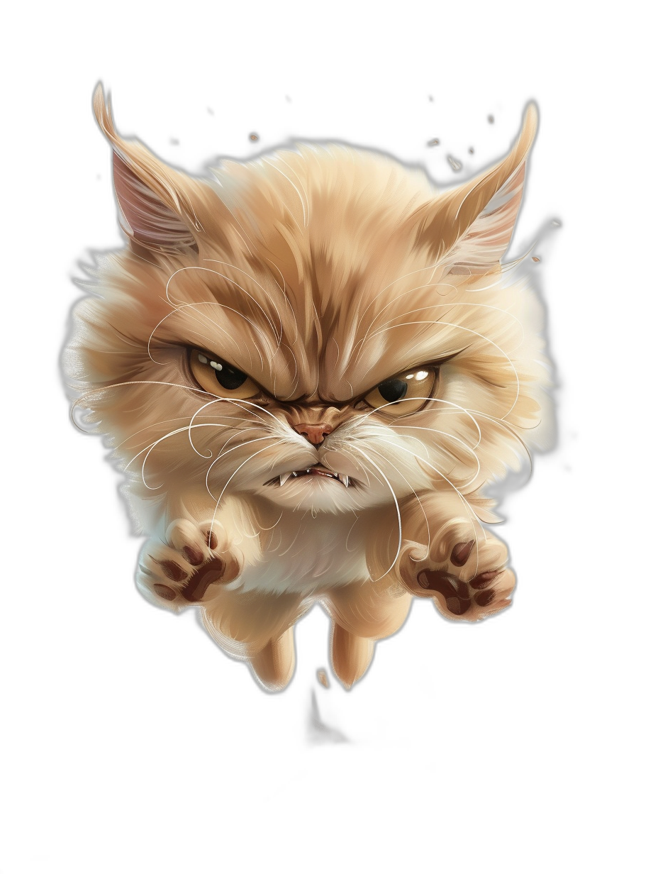 realistic cartoon illustration of an angry cute persian cat jumping, isolated on a black background, digital art in the style of rossdraws and [Artgerm](https://goo.gl/search?artist%20Artgerm), trending on pixiv with high resolution