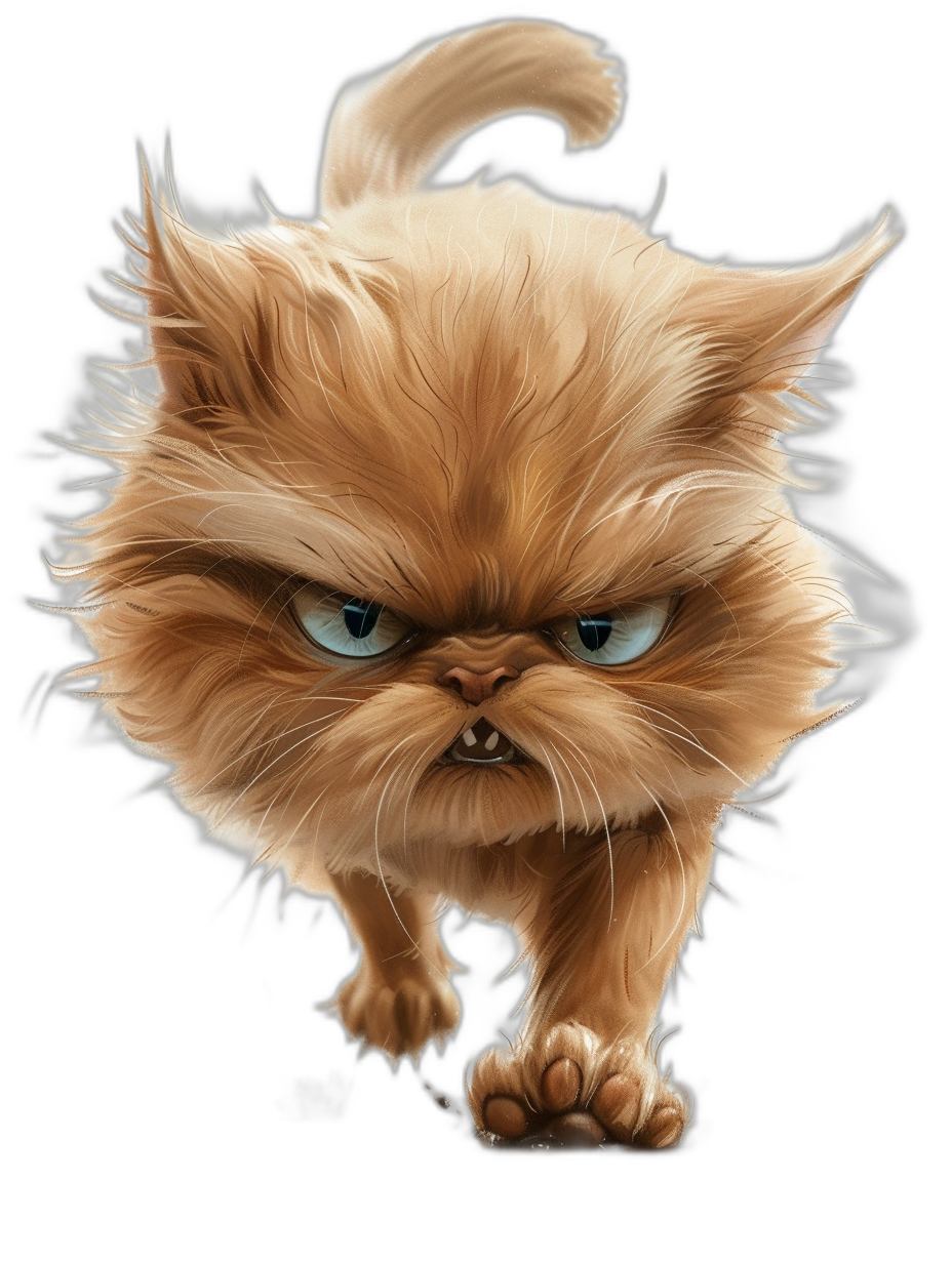 realistic cartoon illustration of an angry persian cat on a black background, digital art in the style of Pixar and Glen Fabry and [Ralph Steadman](https://goo.gl/search?artist%20Ralph%20Steadman)