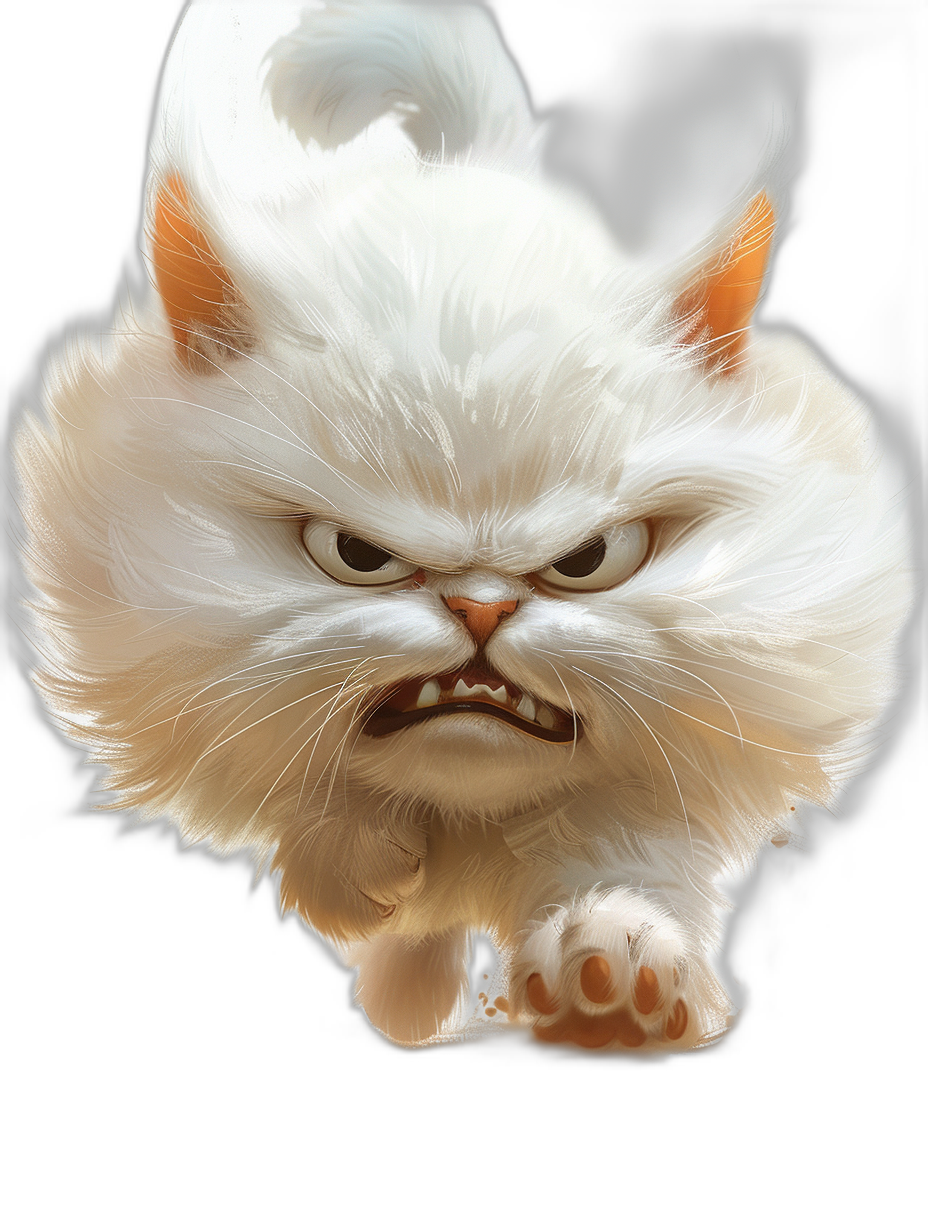 Character design of an angry white cat, running towards the camera, with fluffy fur, big eyes, in a cartoon style, with high detail, as digital art, on a black background, concept art in the style of [Artgerm](https://goo.gl/search?artist%20Artgerm) and [Krenz Cushart](https://goo.gl/search?artist%20Krenz%20Cushart)