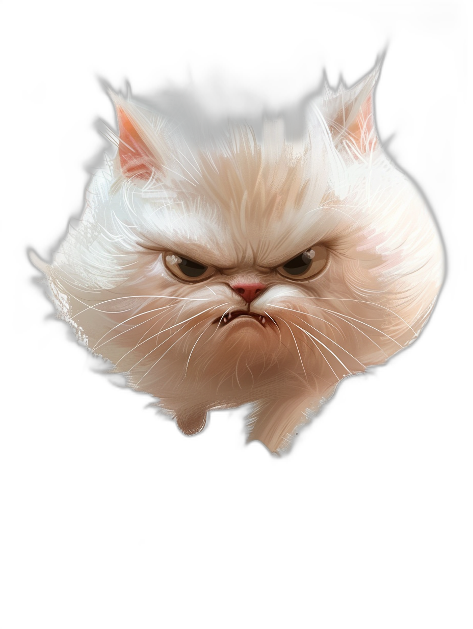 realistic angry white cat in the style of digital airbrushing on a black background, cartoonish full body portrait in the style of caricatures.