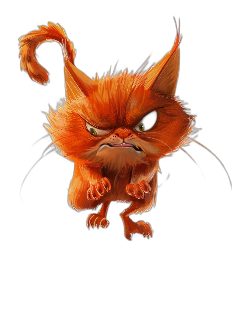 Illustration of an angry orange cat in the style of Pixar, full body shot, on a black background, concept art in the style of [Paul Lehr](https://goo.gl/search?artist%20Paul%20Lehr) and [Skottie Young](https://goo.gl/search?artist%20Skottie%20Young), Pixar style, cartoon