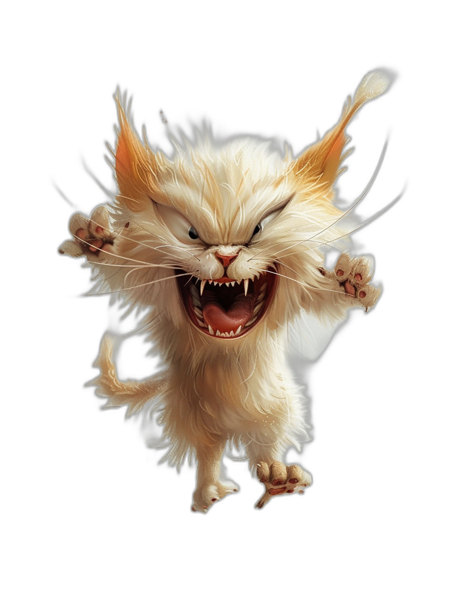 white cute cat jumping and screaming, pixar style, black background, high resolution digital art