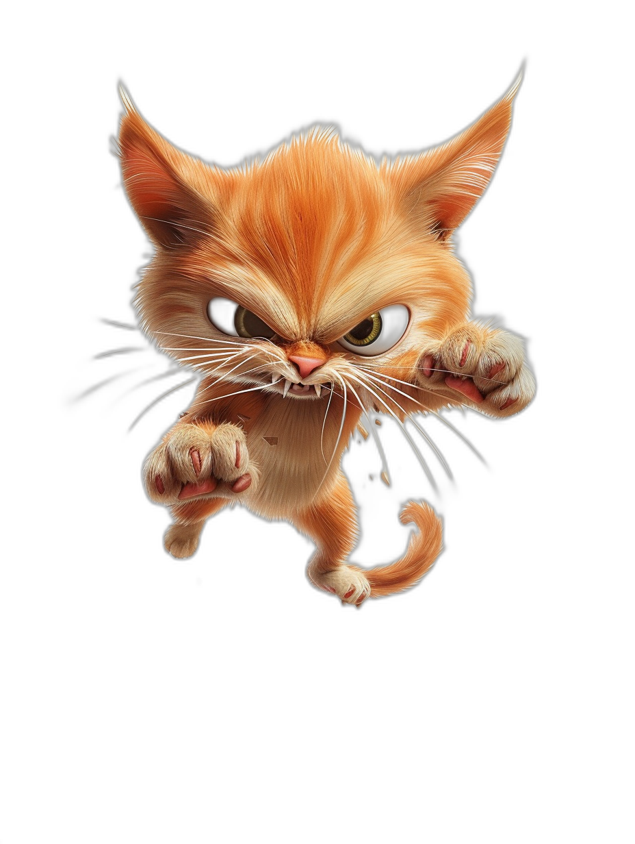 a cartoon illustration of an angry ginger cat jumping at the camera, isolated on black background, by Thomas Ascott, [Naoto Hattori](https://goo.gl/search?artist%20Naoto%20Hattori) and Al bright , octane render