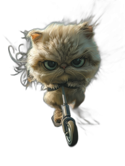 realistic digital illustration of an angry fluffy persian cat with big expressive eyes riding on the scooter, black background, by [Tim Burton](https://goo.gl/search?artist%20Tim%20Burton), highly detailed and in high resolution, dynamic pose, cinematic lightings, wide angle