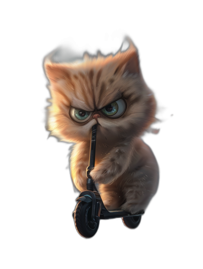 grumpy cute kitten character riding scooter, angry expression with dark background, cartoon style, high resolution, in the style of hyper realistic