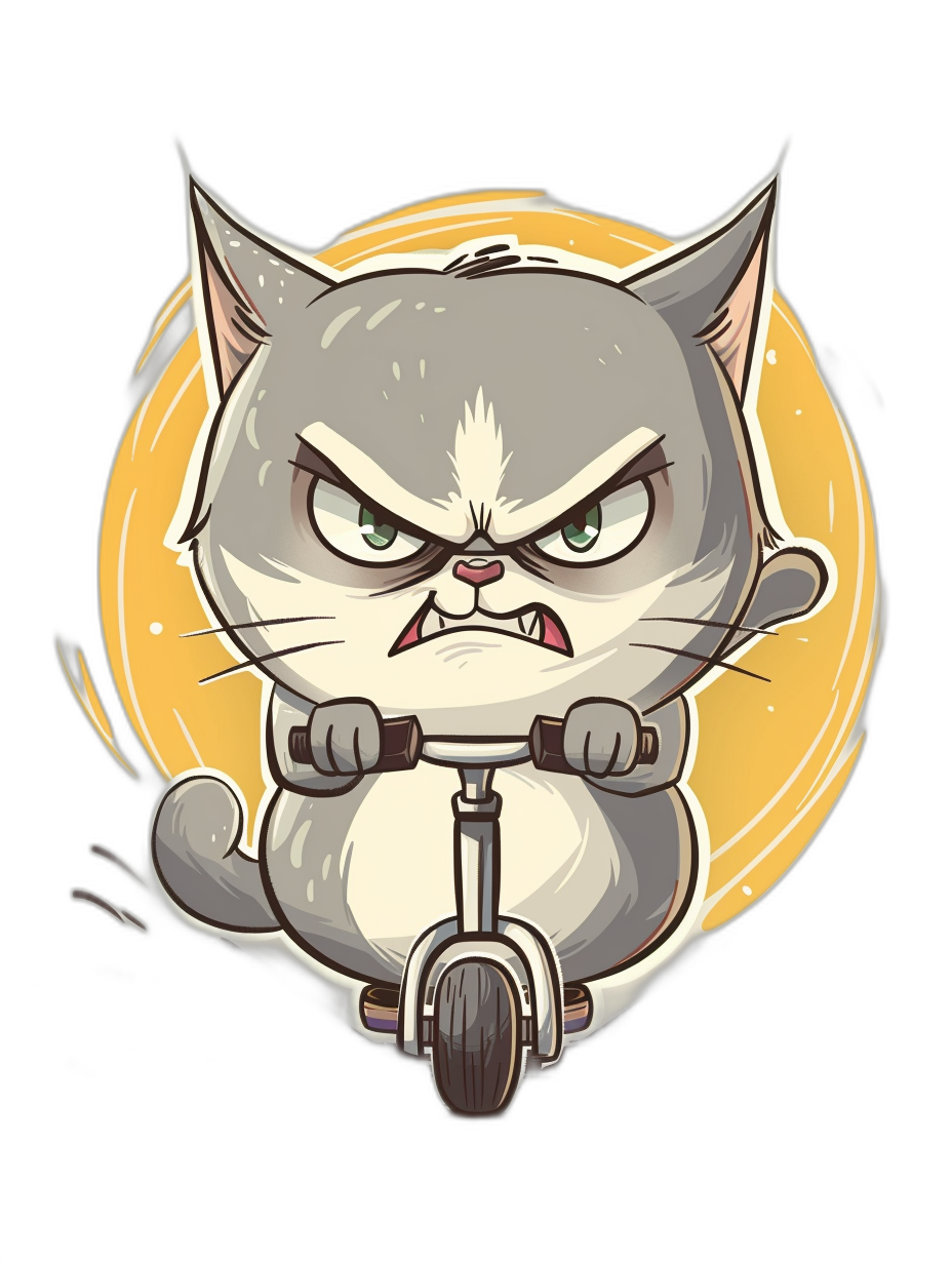 t-shirt design, cute chibi cat riding an electric scooter with angry face expression and round eyes, vector illustration by [Skottie Young](https://goo.gl/search?artist%20Skottie%20Young) , black background, no mockup