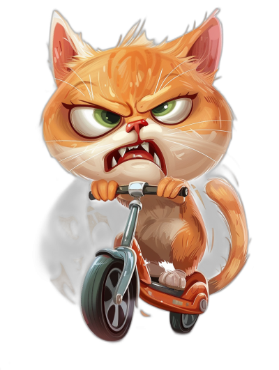 grumpy orange cat riding an electric scooter, angry face, cartoon style, black background, vector art, high resolution, no shadows