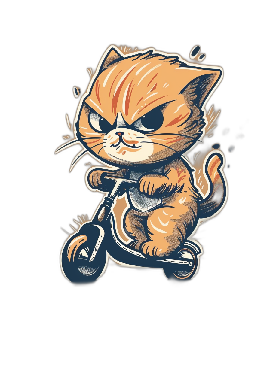 Cute cartoon style drawing of an angry cat riding on scooter, vector art illustration, t-shirt design graphic, ultra detailed, isolated black background