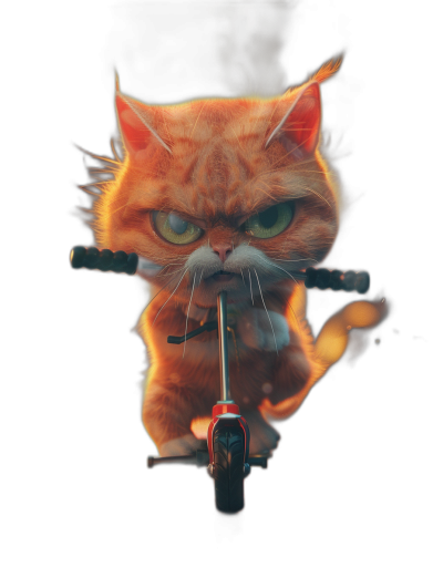 front view of an angry orange cat riding on scooter, black background, 3d render, digital art , pixar style