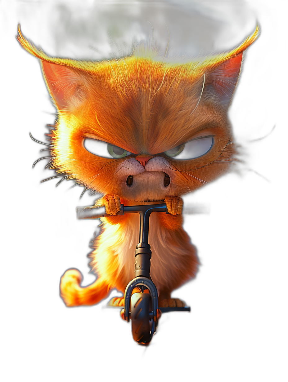 grumpy orange cat with big eyes, riding a scooter in the style of Pixar, cartoon character on a black background, high resolution