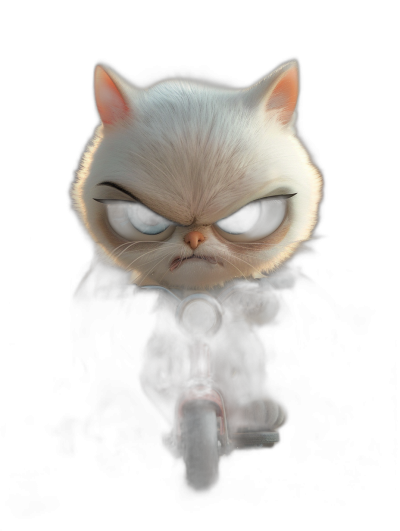 grumpy white cat with black eyes on motorcycle, in the style of Pixar, cartoon character, black background, cute