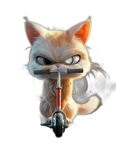 realistic cute and adorable furry kitten character riding a scooter with an angry face against a dark background in the style of Pixar, high resolution