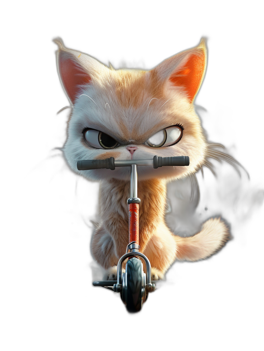 realistic cute and adorable furry kitten character riding a scooter with an angry face against a dark background in the style of Pixar, high resolution