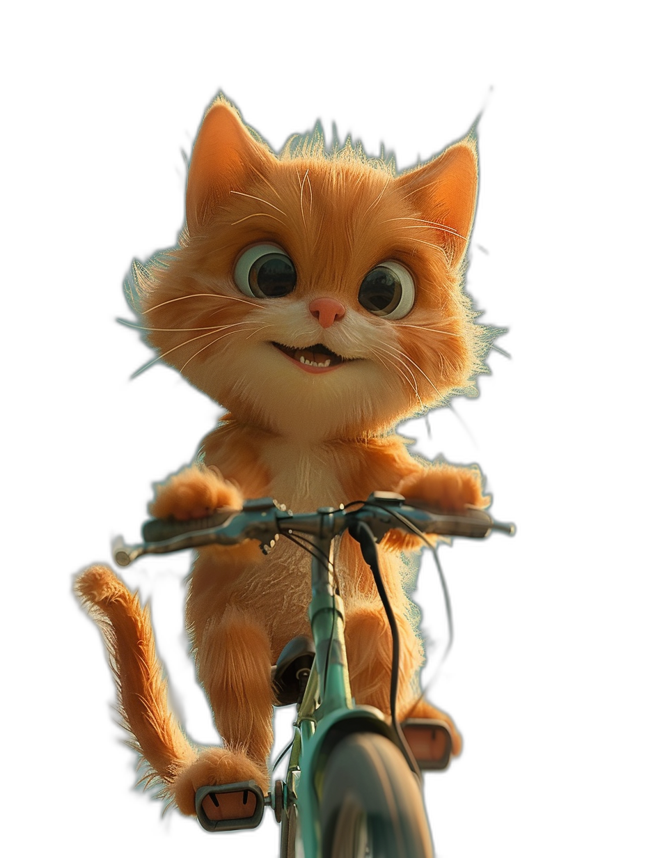 A cute orange cat riding on the front of a bicycle, with big eyes and a smiling expression, against a black background, in the style of Pixar, Disney, rendered in 3D at high definition.