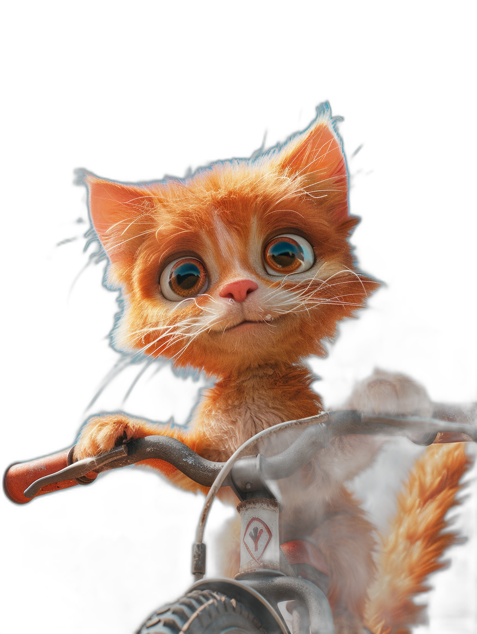 A cute orange cat riding on the handlebar of an electric bike, with big eyes and a furry texture, on a black background, in the style of Pixar, with high definition photography and movie lighting effects.