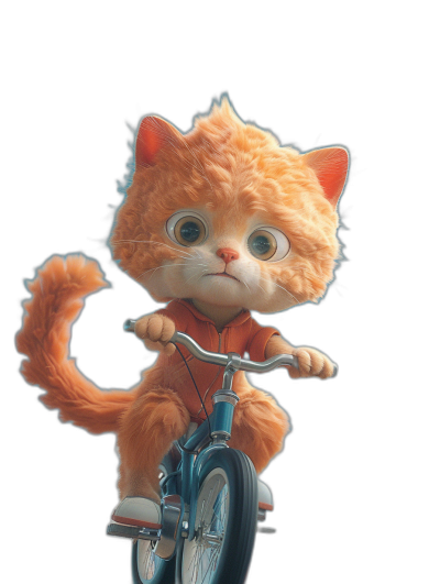 A cute orange cat riding on a bicycle, with big eyes and a fluffy tail. A full body shot in the style of Pixar, on a black background with high definition details.